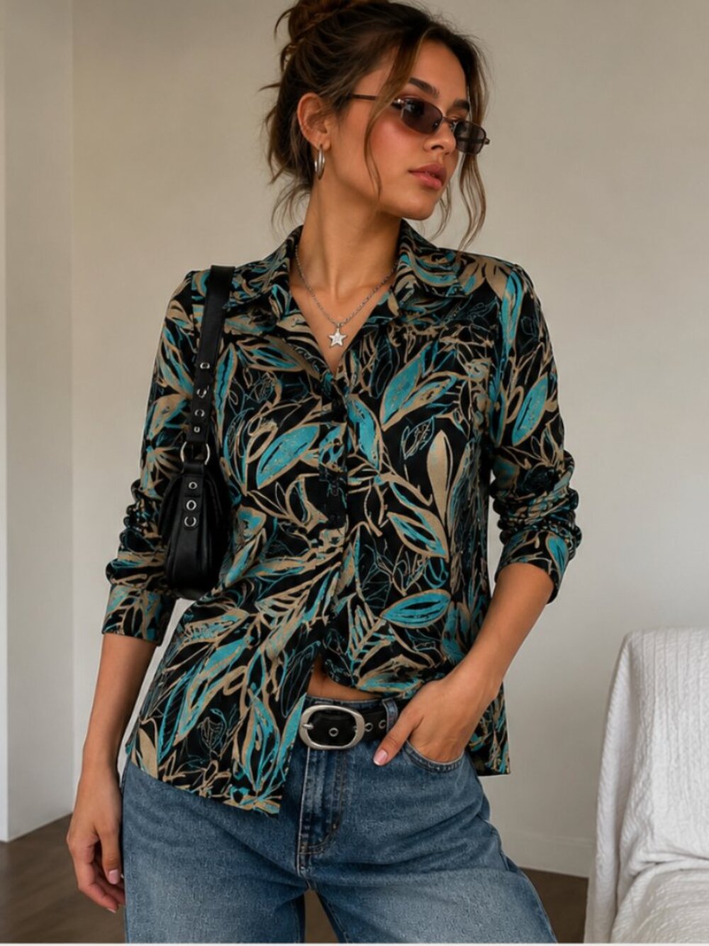 Millenium Metallic Leaf Satin Blouse Ruched Black Turquoise Vintage Top Small